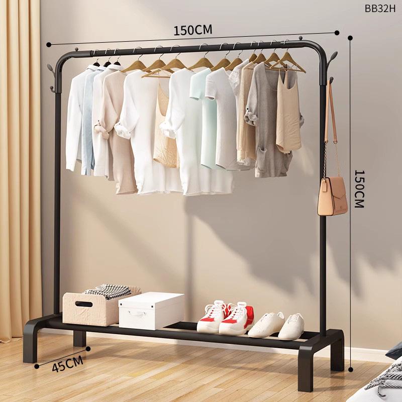 Minimalist Indoor Floor-Standing Coat Rack with Double Pole and Shelf for Bedroom or Balcony