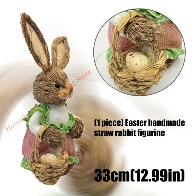 Easter Rabbit Figurine Decoration Handmade Natural Grass Woven Rabbit Ornament for Mantel Patios Festival Decoration