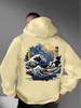 Men's Long-sleeved Hooded Sweatshirt with Ocean and Sunset Elements, in An American Retro Style with Patterned Prints.