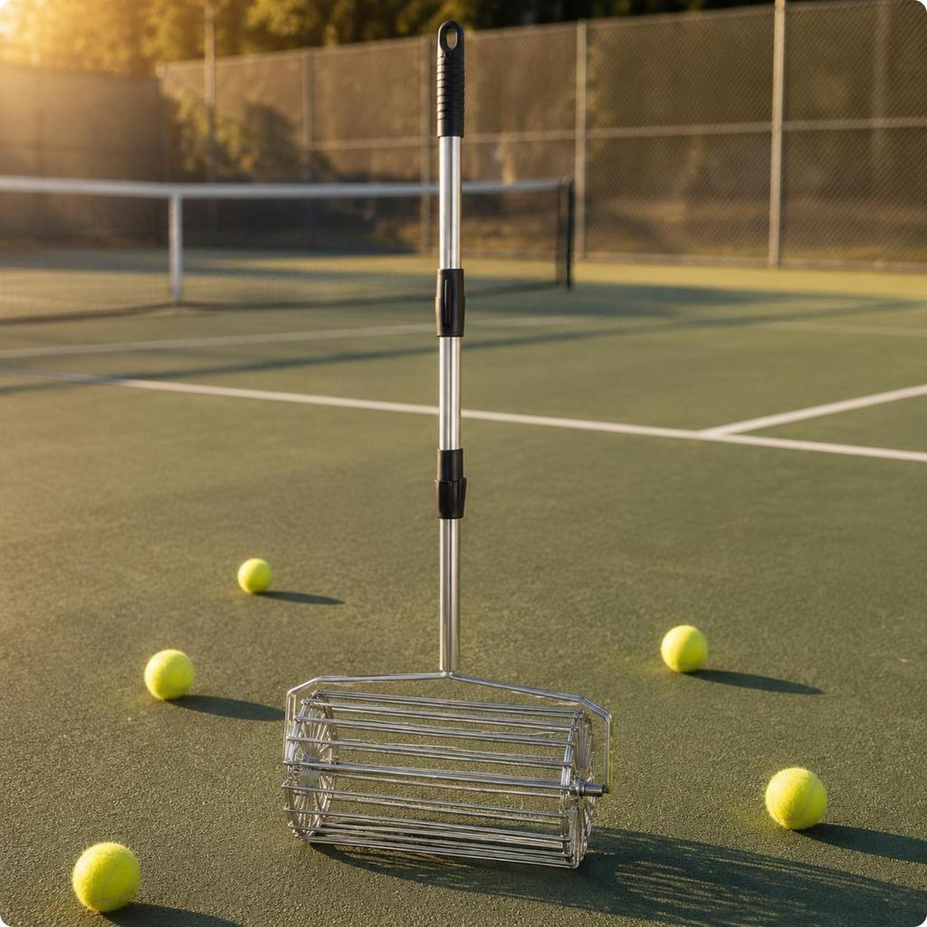 Height Adjustable Tennis Ball Retriever Rolling Design Basket Tool Stainless