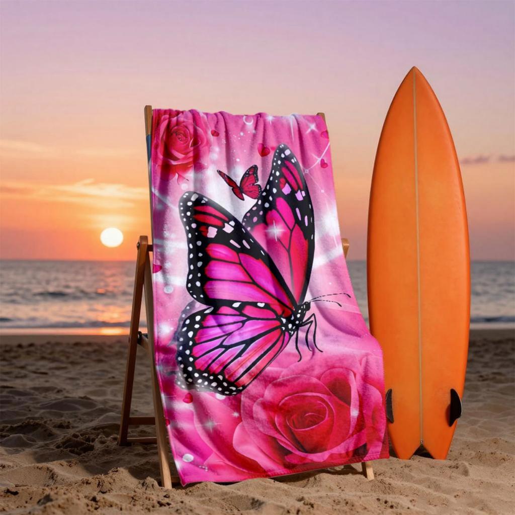 Butterfly Rose Beach Towel Pink Floral Animal Print Romantic Design Quick Dry Absorbent Bath Towel For Women Girls Gift