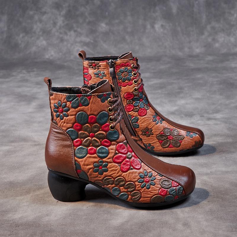 Women's shoes new mother velvet warm cotton shoes women's head layer cowhide printing thick heel soft sole short boots