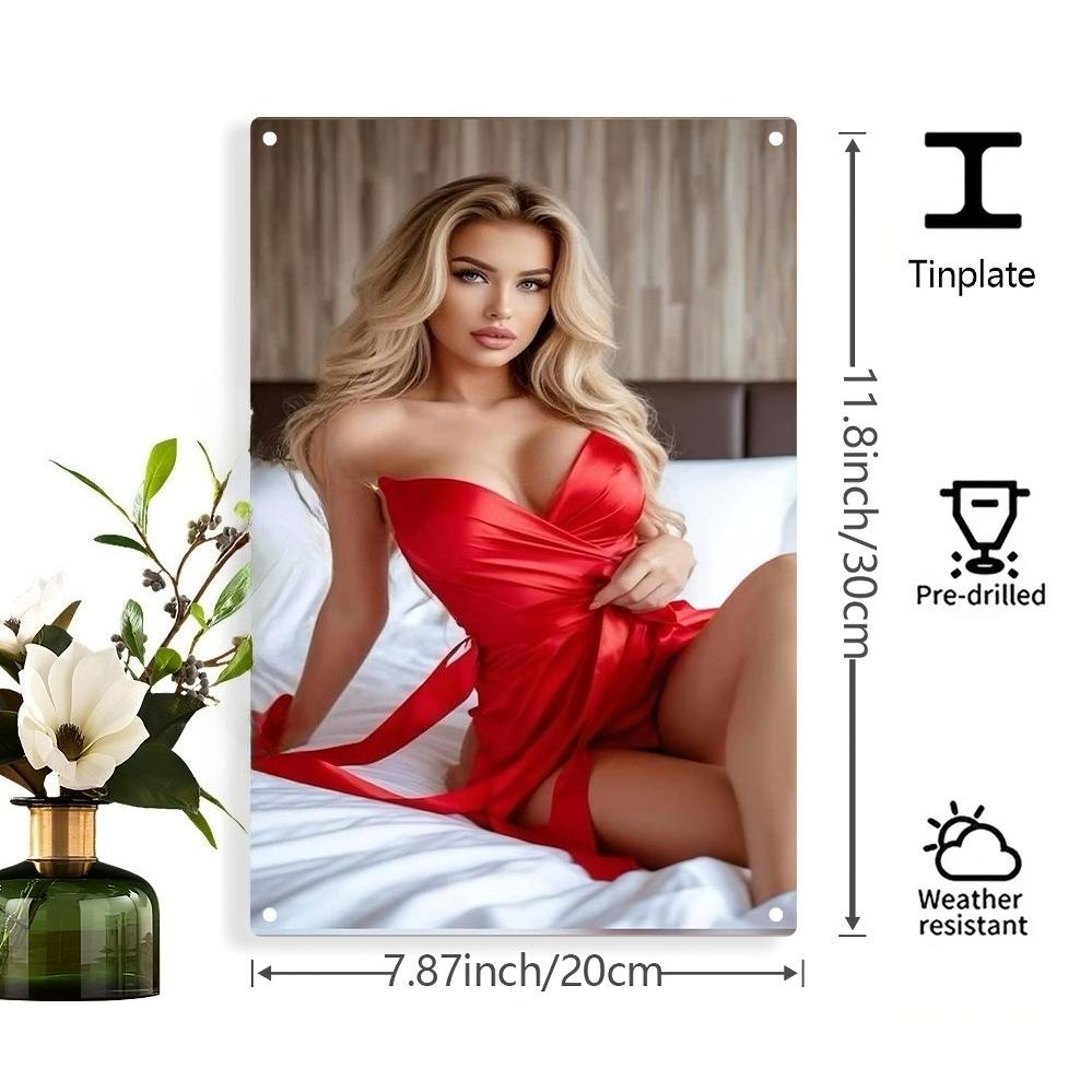 Vintage Metallwandkunst Retro Blonde Dame im Roten Kleid Dicke Eisenplatte Vorgebohrt Heim Büro Bar Dekor 7,87x11,8 Zoll Geschenk
