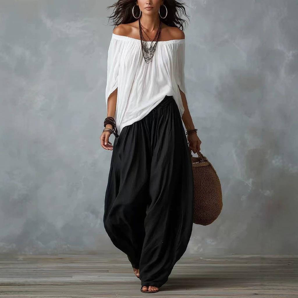 2026 new European and American style one-word shoulder T-shirt wide-leg pants set women's fashion elegant two-piece set long-sleeved casual pants