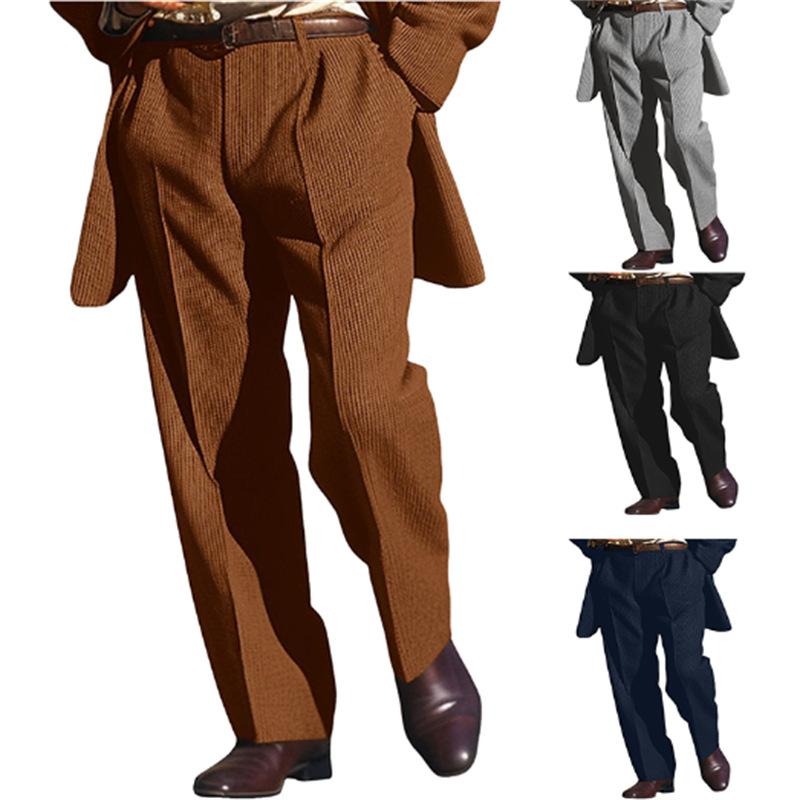 Men's Brown Corduroy Pleated Wide-Leg Dress Pants with Relaxed Fit