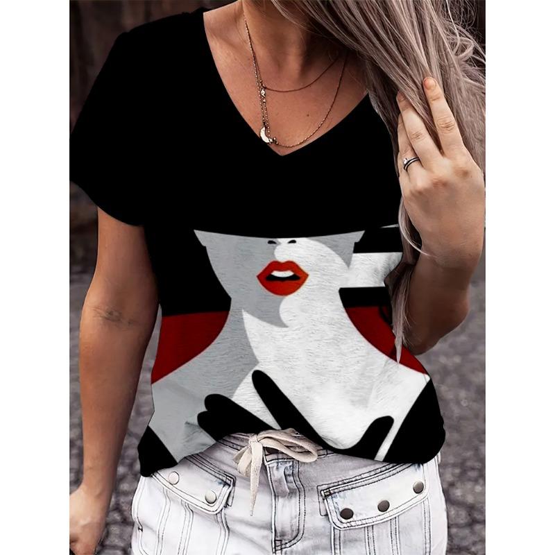 Cartoon Ladies V-neck T-shirt Summer Outdoor Casual Short Sleeve Tops 3D Character Printing