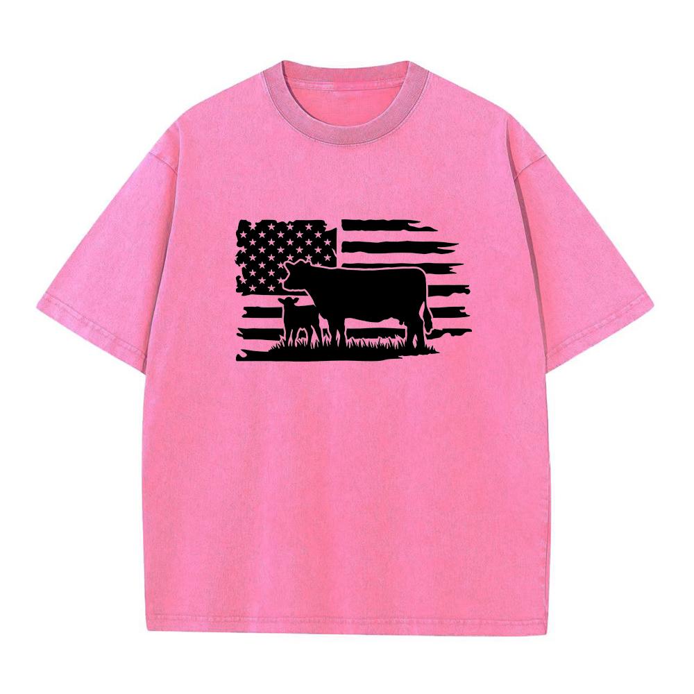 Mens Fun Cow Print Washed T Shirt Retro Distressed Style Casual Basic Street Fashion Pure Cotton Crew Neck Short Sleeved Top