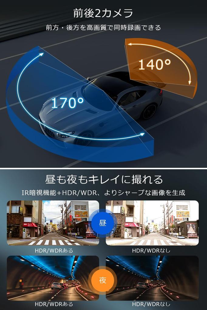 Drive Recorder, Front and Rear Camera, 1440P Full HD, Parking Monitoring, Infrared Night Vision