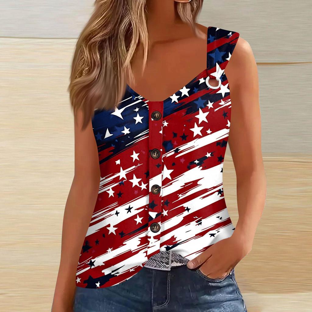 Women's Fashion Casual Loose Sleeveless Buttoned V-Neck Independence Day Printed T-Shirt Top