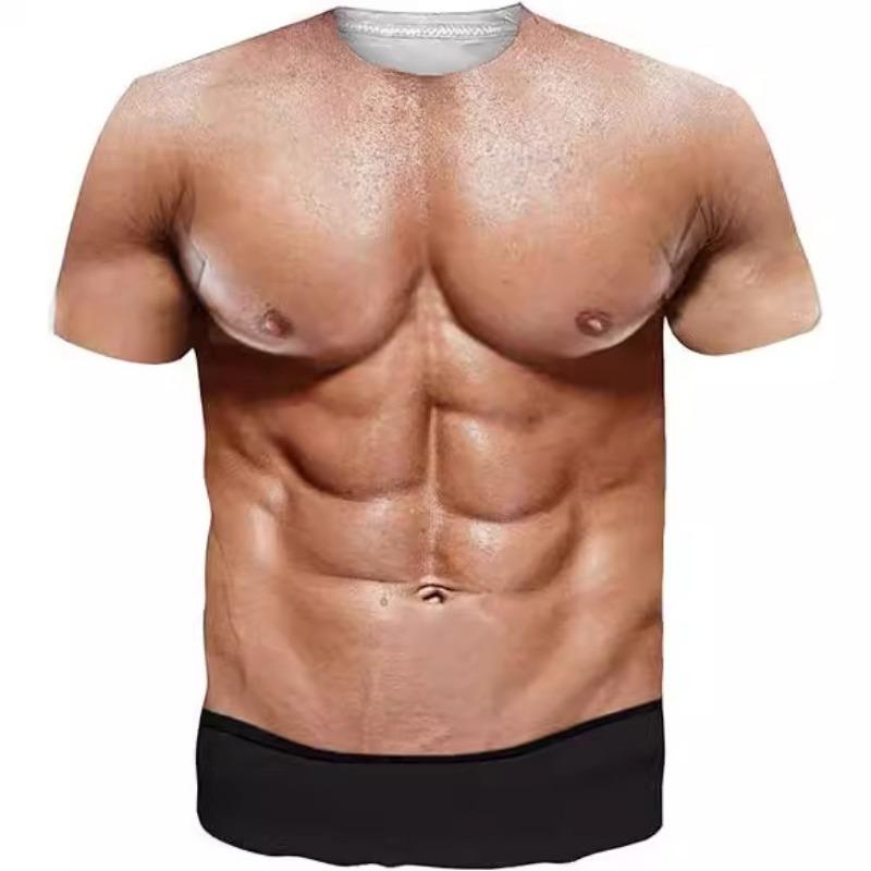 Tricou pentru bărbați cu 8 piese musculare de vară, abdomen, imprimare 3D, cu mânecă scurtă, personalitate la modă de vară