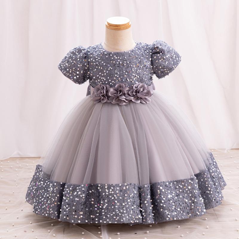 

Spring and Summer Toddler Girls Short Sleeve Knee-length Skater Dress with Sequins and Floral Embellishments 130cm сірий колір