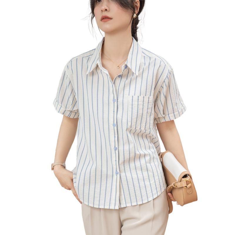 

GMXIA Женская полосатая рубашка с коротким рукавом, летний темперамент, ретро, повседневная, универсальная, простая, для поездок на работу 2XL абрикосовый