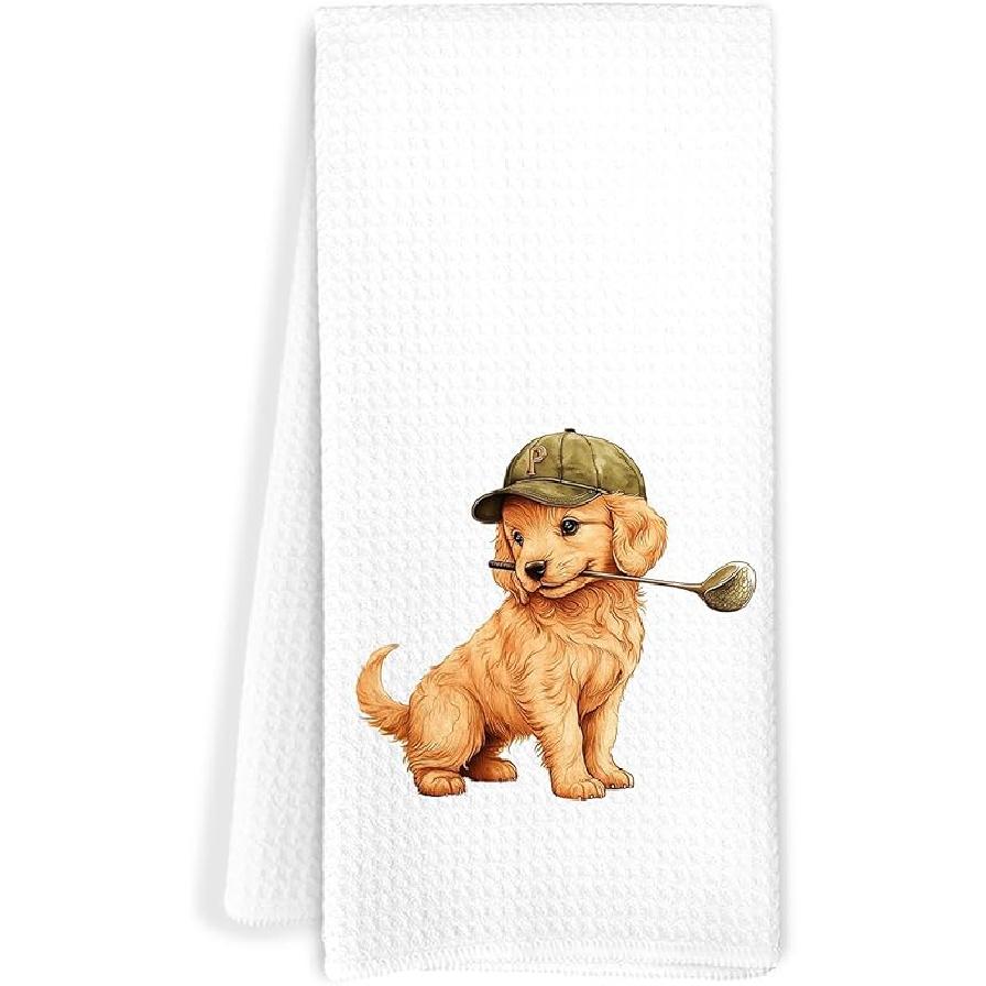 Cute Golden Retriever Puppy Golf Kitchen Towels, Golden Retriever Lovers Gifts, Golfing Puppy Dog Decorative Hand Tea Towels for Bathroom, Unique Golden Retriever Golf