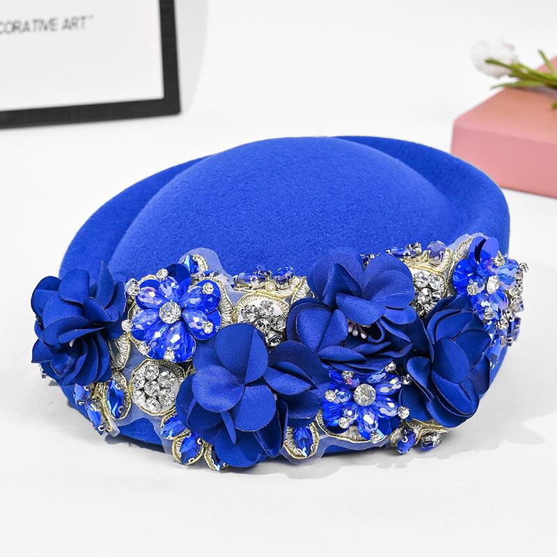 Women's Hat Retro British Style Handmade Flowers Diamond Wool Beret Autumn and Winter Style Flight Attendant Hat