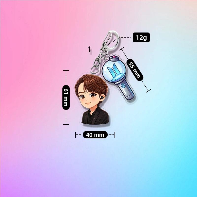 BTS Anime Cartoon & ARMY Bomb Double Acrylic Keychain, Bangtan Boys Cartoon Figure + Lightstick Charm Keyring, Kpop ARMY Fans Bag Pendant