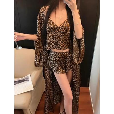 French Sexy Leopard Print Pajamas Women's Summer Thin High-end Robe Suspender Shorts Loungewear Can Be Worn Outside