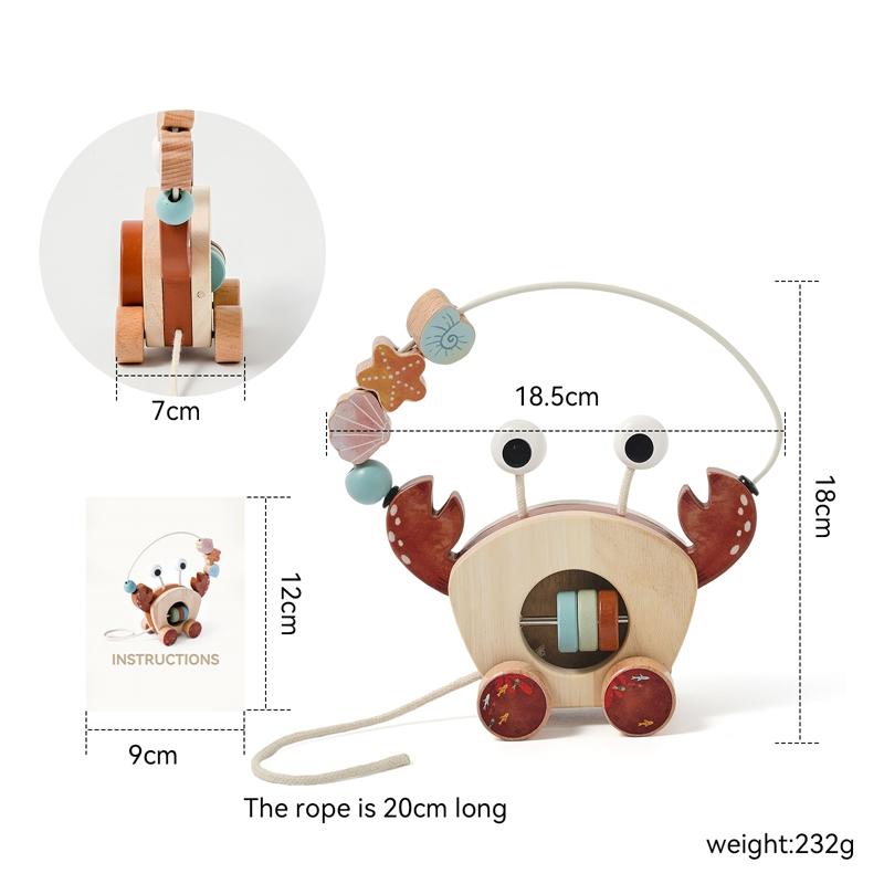 Baby Toy Wooden Cartoon Crab Rattle Hand-pushed Wooden Cars Children's Toy  Finger Fine Motion Car Educational Toy for Children