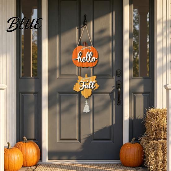 Entryway Wall Accent Hello Fall Wooden Door Hanger Pumpkin Maple Leaf Hanging Sign Autumn Harvest Front Decor for Thanksgiving Farmhouse Home
