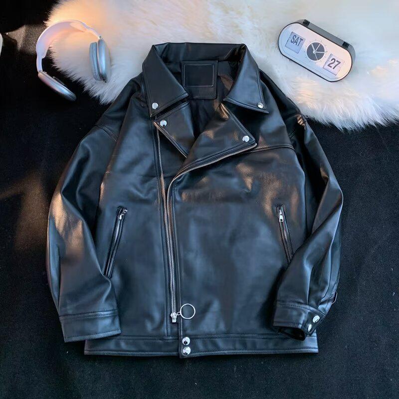 Men's Trendy European and American Street Fashion Loose PU Leather Motorcycle Jacket