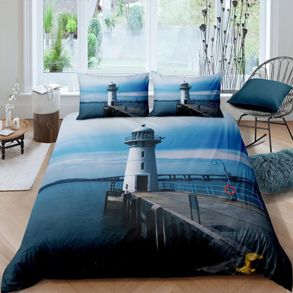 Lighthouse Brown Blue Duvet Cover Sunset Lighthouse Cape In Mahon At Balearic Islands Spain Coast Room Decorative for Women Men