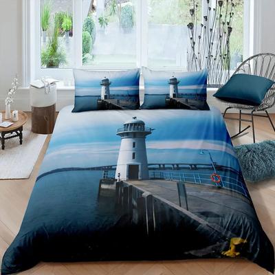 Coastal Lighthouse King Full Duvet Cover Ocean Nautical Bedding Set Observation Tower Quilt Cover Soft Polyester Comforter Cover