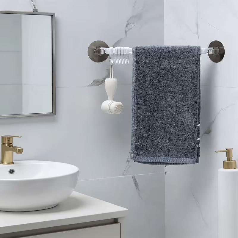 6 Hook Wall Mounted Towel Rack, No Drill Plastic Bathroom Organizer, Corner Shower Storage Holder for Towels, Bath Accessories and Kitchen Supplies