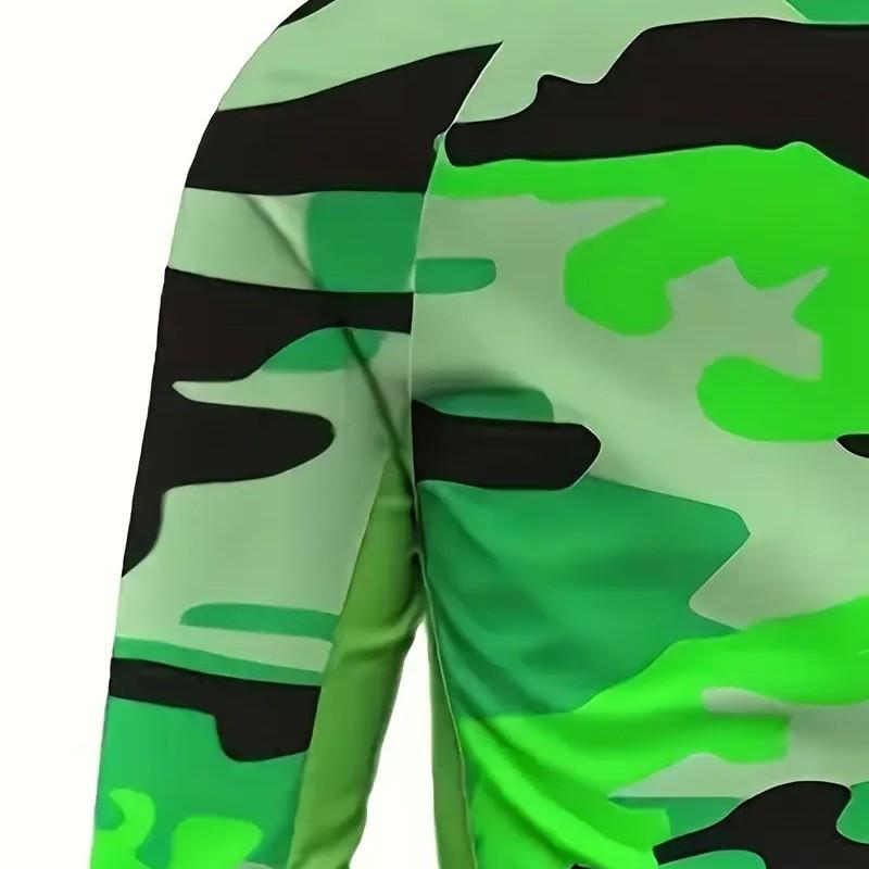 Men's Green Camouflage Printed Hooded Long Sleeve Top Breathable Lightweight Sunscreen Suitable for Outdoor Fishing