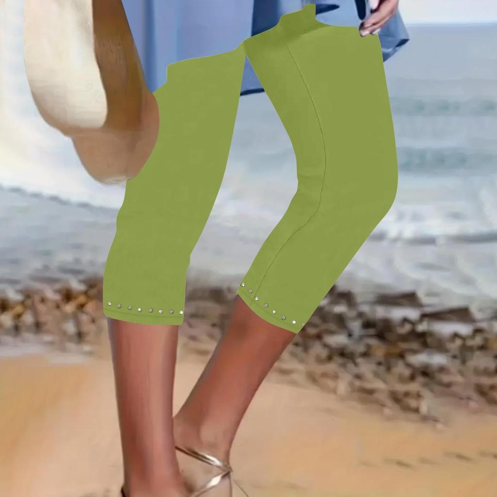 Women's Fashion Solid Color Elastic Waist High Waist Tie Diamond Slimming Bottom Pants