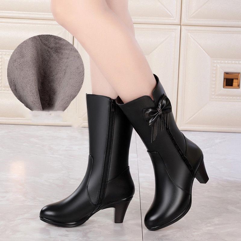 Ladies Shoes Side Zip Mid-Calf Women's Boots Keep Warm Modern Boots Women Bow Tie Fringe Round Toe Med Heel PU Shoes Women