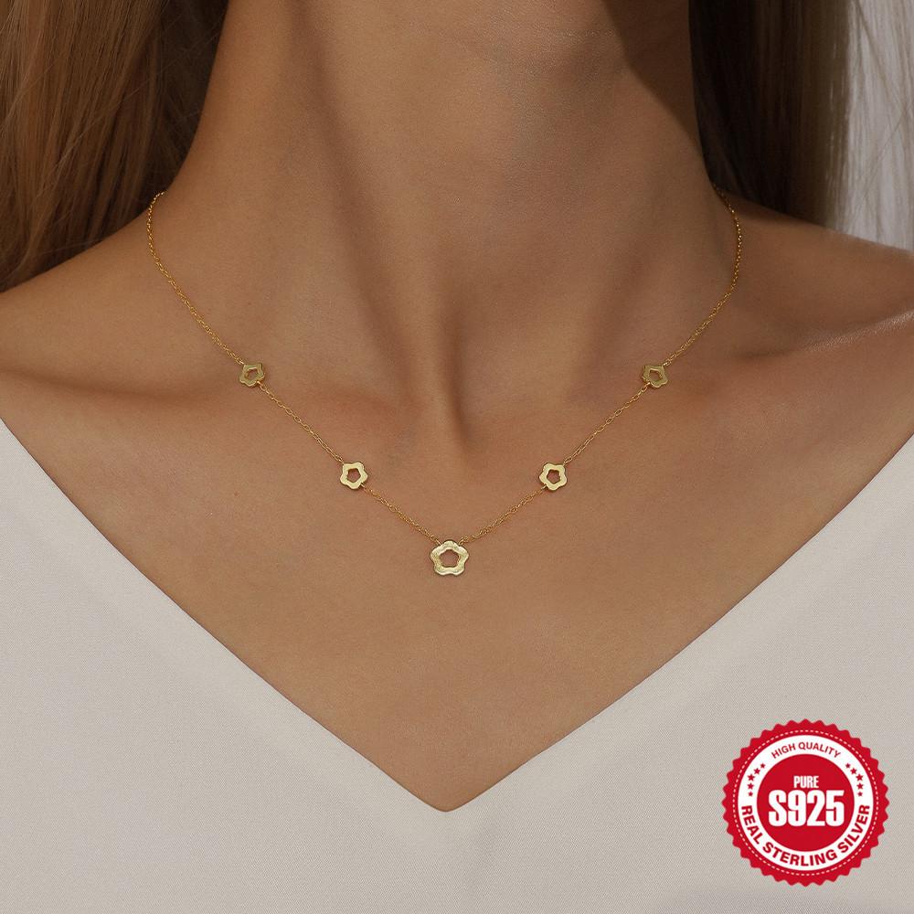 Fashion S925 Sterling Silver Five-Petaled Flower Stacked Wearing Stacked Classic Versatile Ladies Clavicle Necklace Women