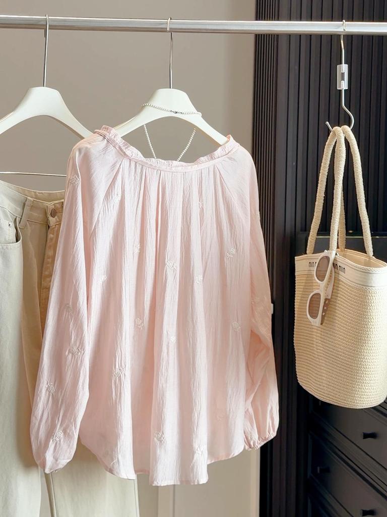 Korean Retro Lantern Sleeve Rose Embroidered Shirt - Women's Spring Ruffle Lace-Up Loose Sun Protection Top