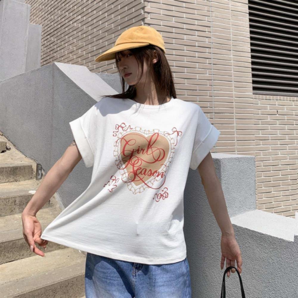 New Arrivals Open Run Women Casual HearT PrinT CoTTon Roll Up Loose FiT T shirT