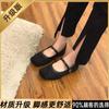 Fairy Wind Square Head Suede Medium Heel Grandma Shoes Girl 2025 Spring Versatile Vintage Soft Leather Mary Jane Coarse Heel Single Shoes Woman