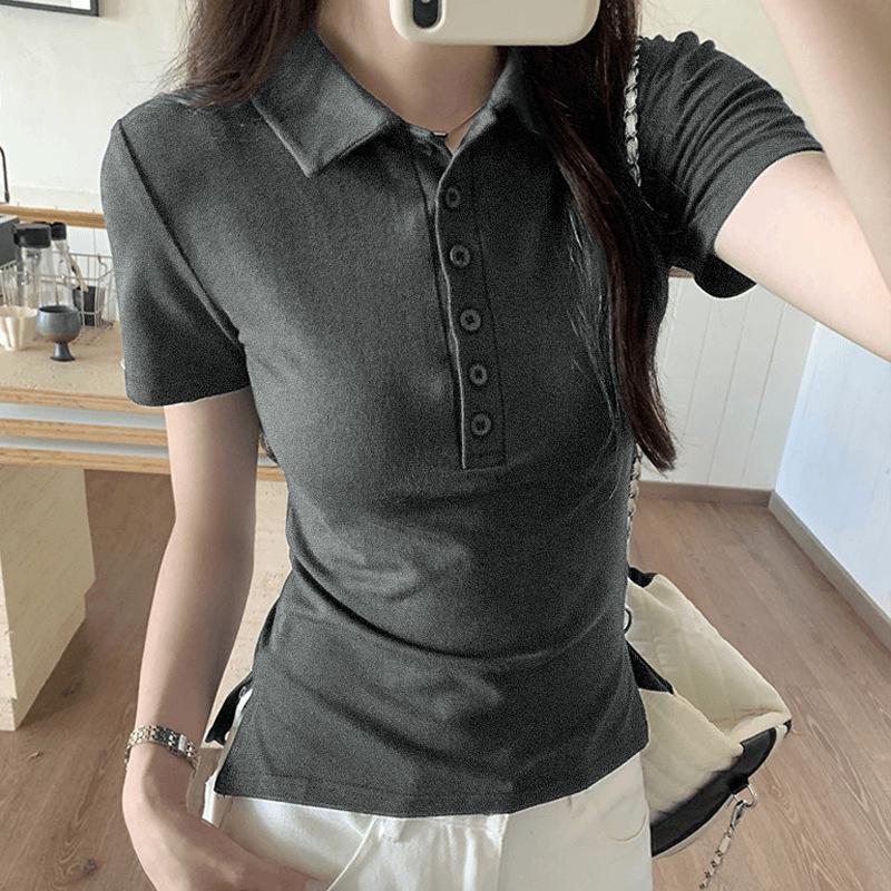 

Женская летняя приталенная рубашка поло - Короткий рукав, воротник на пуговицах, прямой плечевой крой S [80-95 jin] серый