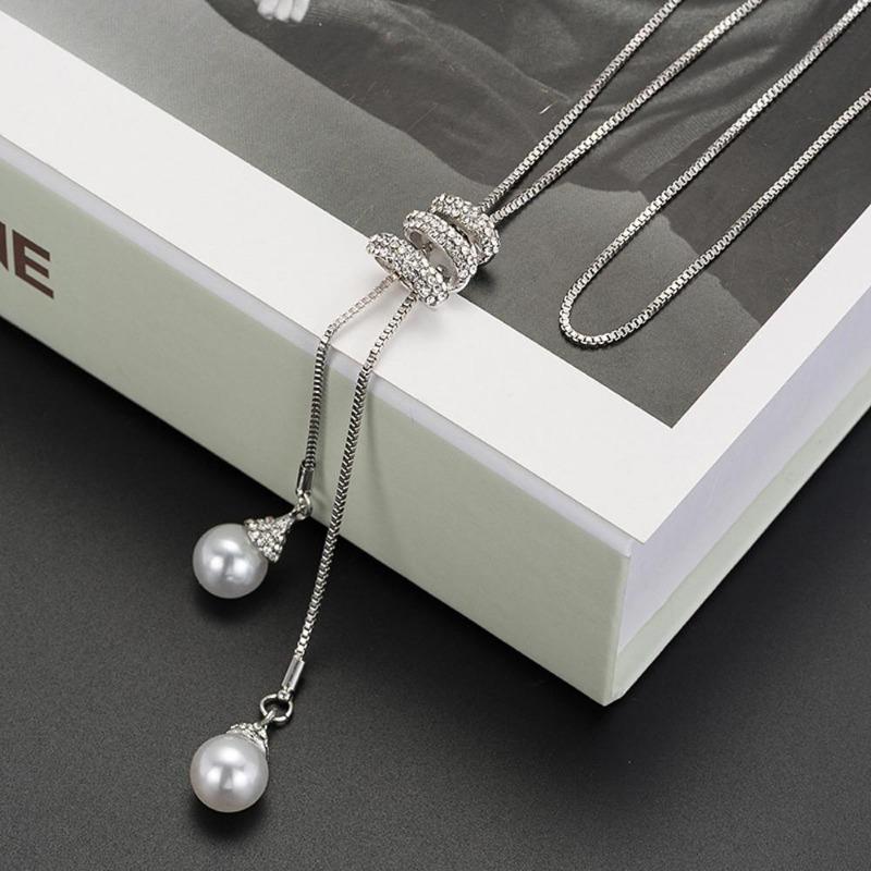 Ladies Fashion Charm Crystal Pearls Pendant Luxury Long Necklace Sweater Chains Blueseason