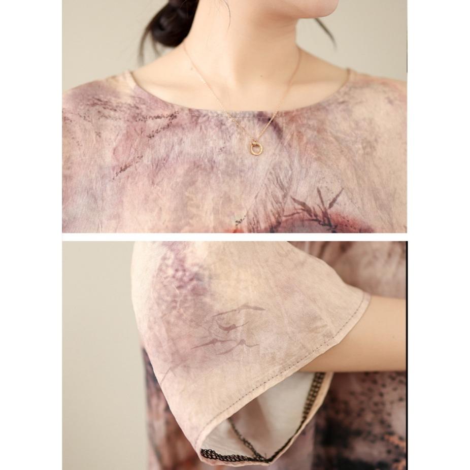 Ethnic Style Summer Cotton Linen Blouse Ethnic Style Bat Sleeve Loose Large Round Neck Comfortable T-shirt for Women