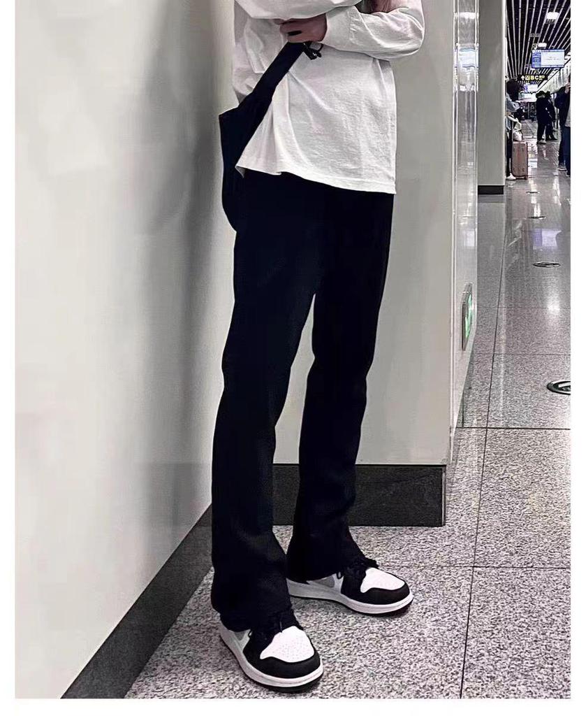 Unisex Black Fleece-Lined Micro-Flared Slimming Jeans - Casual American-Style Straight-Leg Pants