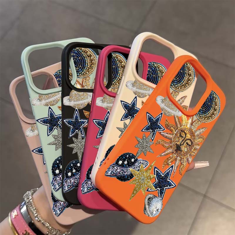 For iPhone 17 16 15 14 13 12 11 Pro Max Case Mosaic Print Of Spaceships Stars Lichee Pattern Cover For iPhone XS X XR 16e Fundas