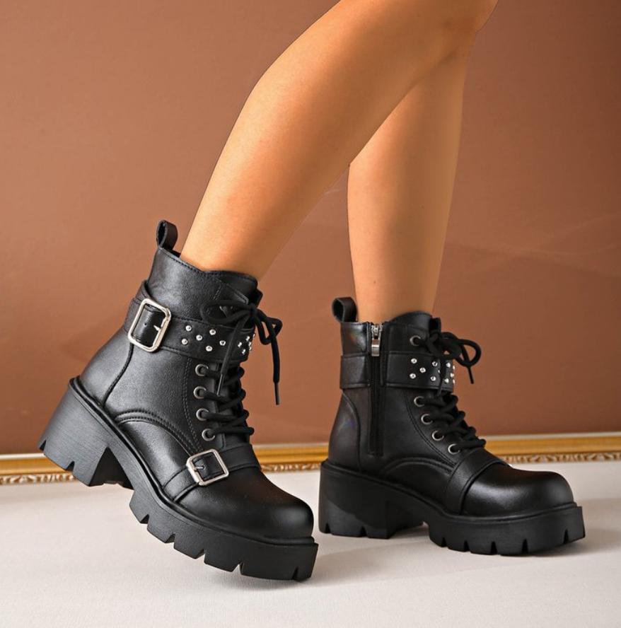 Fashion Women Platform Ankle Boots Vintage Thick Bottom Lace Up British Motorcycle Booties Outdoor Designer Shoes Women Zapatos De Mujer