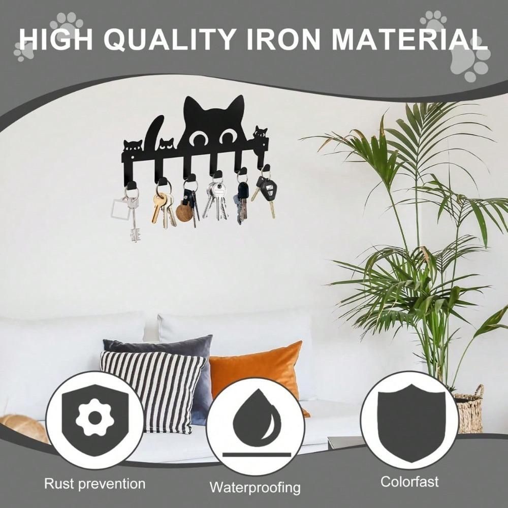 Wall Mounted Cat Key Holder 6 Hooks Self Adhesive No Drill Space Saving Entryway Decor