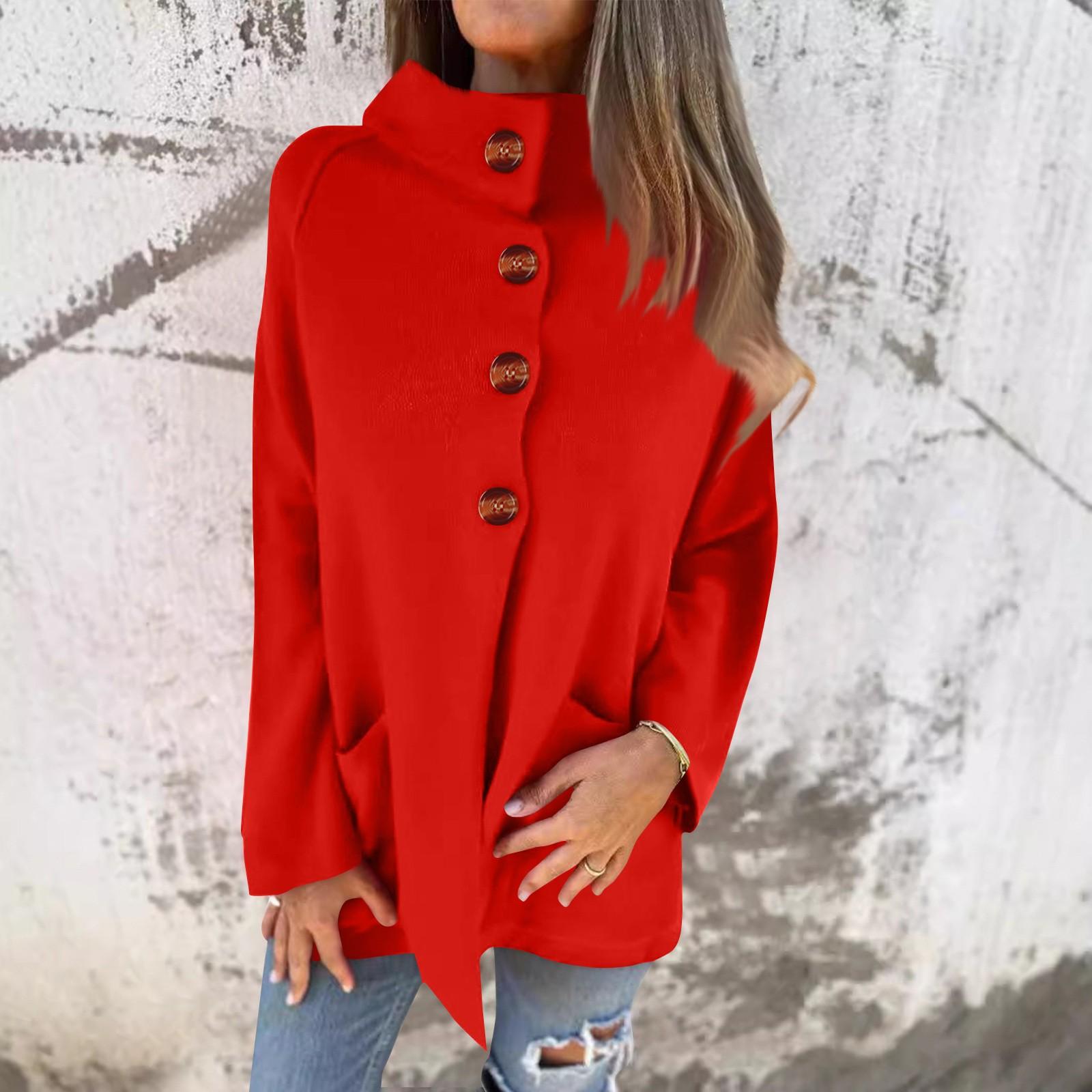 

Женский однотонный кардиган с длинным рукавом и лацканами, повседневный, универсальный, трикотажный жакет на пуговицах M красный