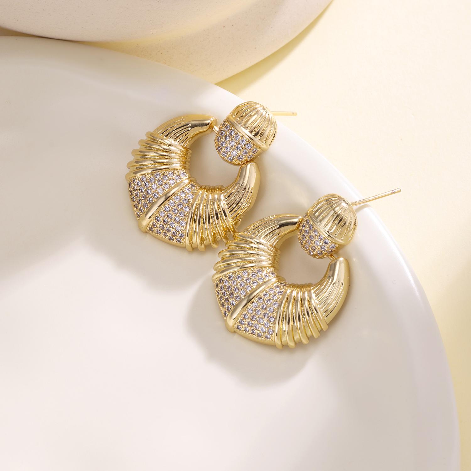 Nidin Retro Drop Earrings Geometric Circle & Water-drop Shine Zircon  For Women European American Style Light Luxury Ear Jewelry