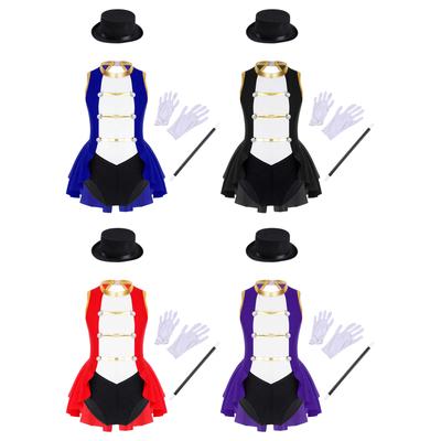Mädchen Zirkusdirektorin Kostüm Ärmelloser Turnanzug Rundhalsausschnitt Ausschnitt Rücken mit Hut Magische Handschuhe Zirkus Cosplay Outfit