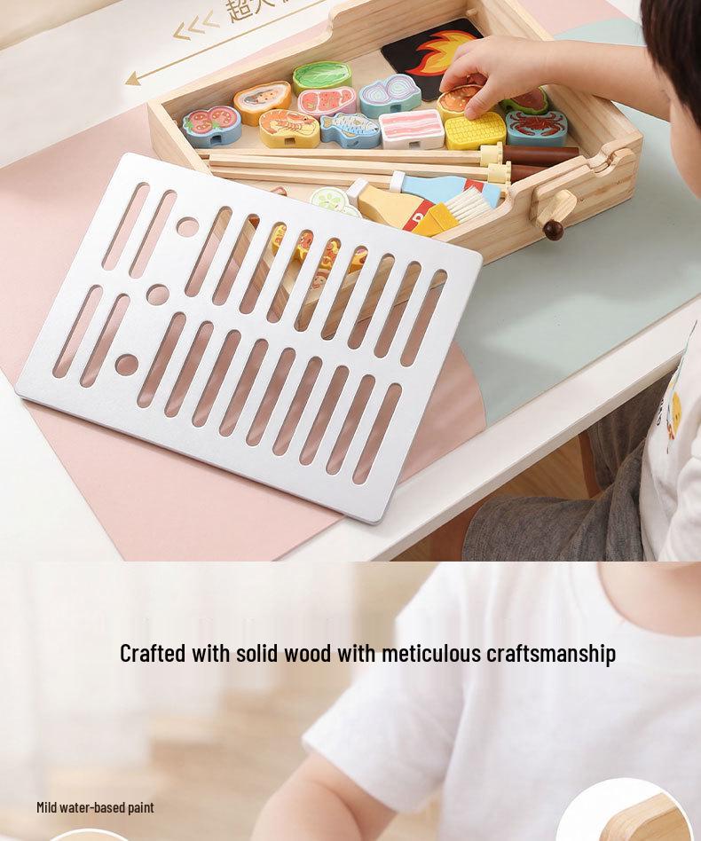 Children's Interactive Wooden BBQ Grill Role-Playing Toy with Building Blocks for Hand-Eye Coordination