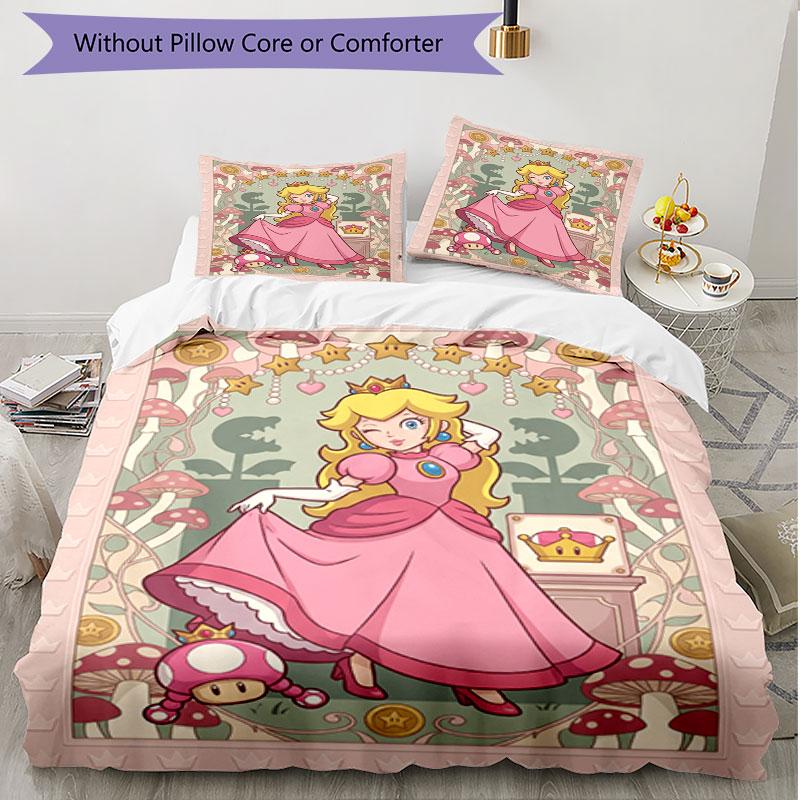 3pcs Duvet Cover Set (1*Duvet Cover + 2*Pillowcase, Without Core), Princess Peach Toadstool Print Soft All‑Season Bedding Set, Home Bedroom Decor Gift