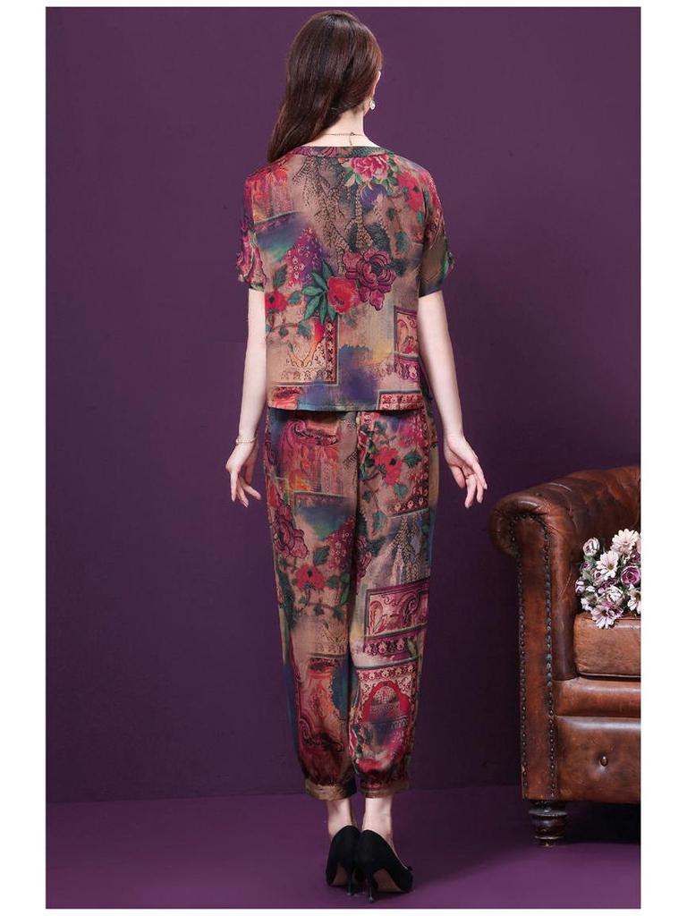 2025 Summer Plus Size Loose Print Short Sleeve T-shirt & Slimming Long Pants Set for Middle-Aged and Elderly Moms