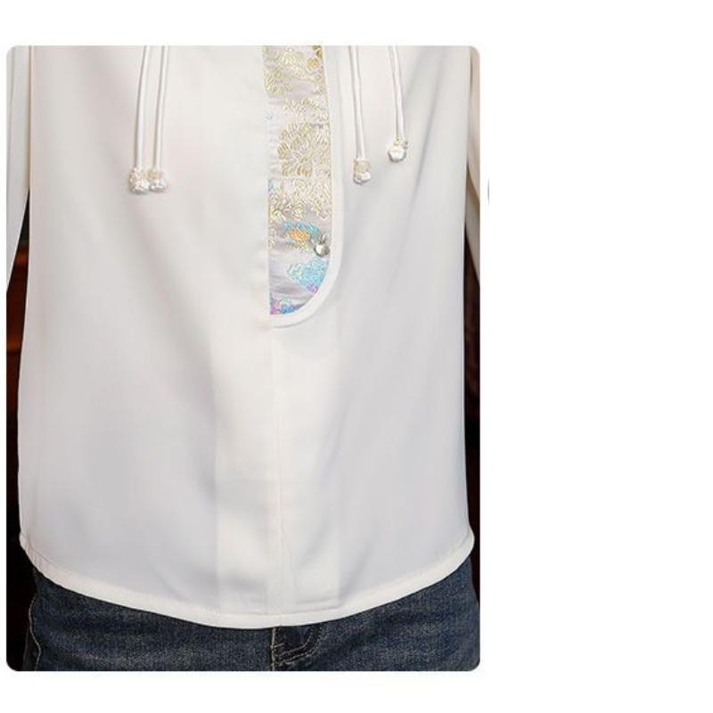 Women's Pullover Embroidered Round Neck Bright Silk Lantern Long Sleeve Chiffon T-shirt Casual Clothing Chinese Style Tops