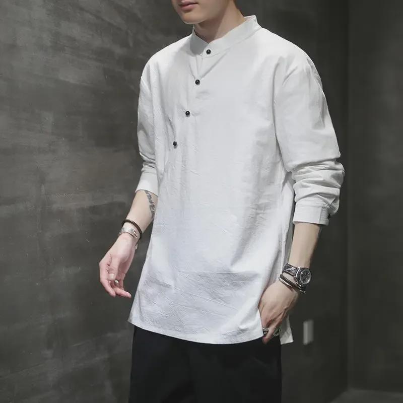 National Style Slanted Collar Hanfu Meditation Shirt: Men's Long-Sleeved Cotton Linen Tee in Chinese Design
