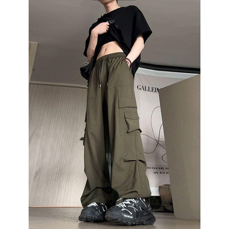 Large Pocket Cargo Pants for Men, Autumn Style, Black, Extended Length, Tall Men's Pants, Casual Straight-Leg Sweatpants