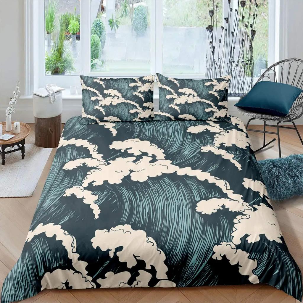 Ocean Wave King Queen Duvet Cover Red Sun Bedding Set Japanese Ukiyo-E Comforter Cover Exotic Navy Blue Polyester Quilt Cover